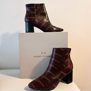 Marc Fisher Black Red Jaydyn Snakeskin Embossed Heeled Booties | Size 9